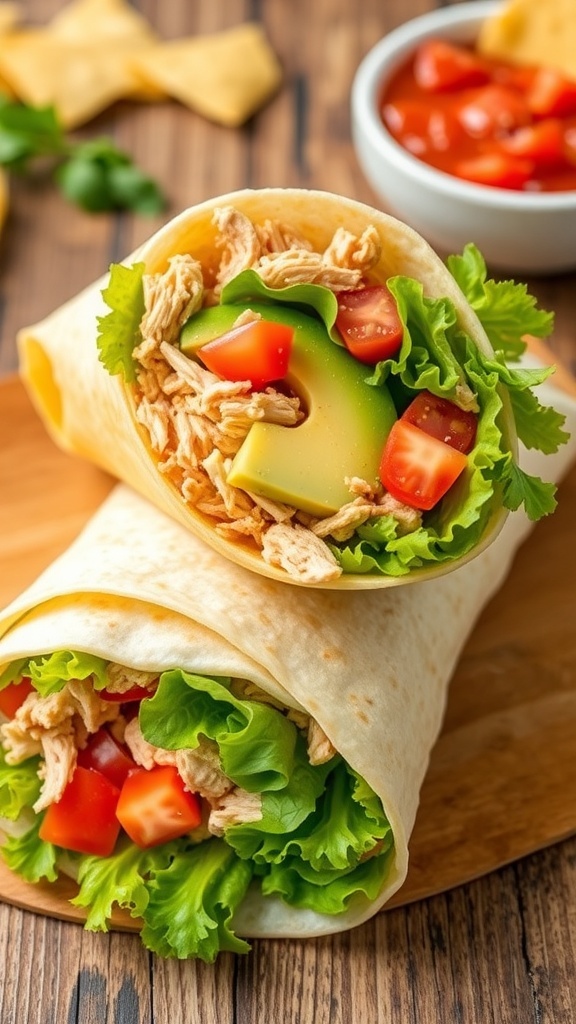 Healthy tortilla wrap filled with chicken, lettuce, tomatoes, and avocado, served with salsa on a wooden table.